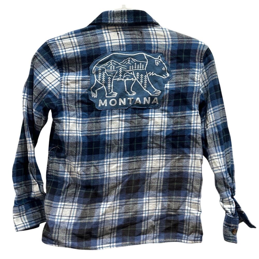 Montana Bear Plaid Flannel Button Down Shirt Kids MEDIUM Upcycled Unique Gift